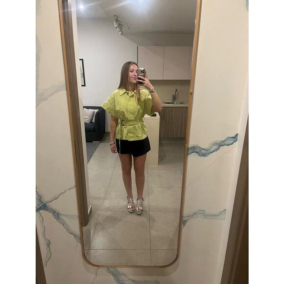 EUDON CHOI Women's Green Neon Belted Short Sleeve Collared Blouse Top Size 2 - Picture 12 of 13